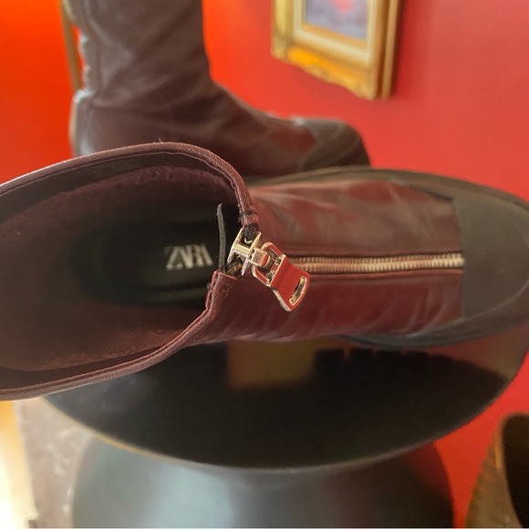 〰️ Zara Chucky Platform Sole Boots Lug-Sole Combat Boots in Burgundy Leather 〰️ - Picture 8 of 12